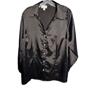 Vintage Fashion Bug Black Satin Button-Up Blouse Size 14 Versatile